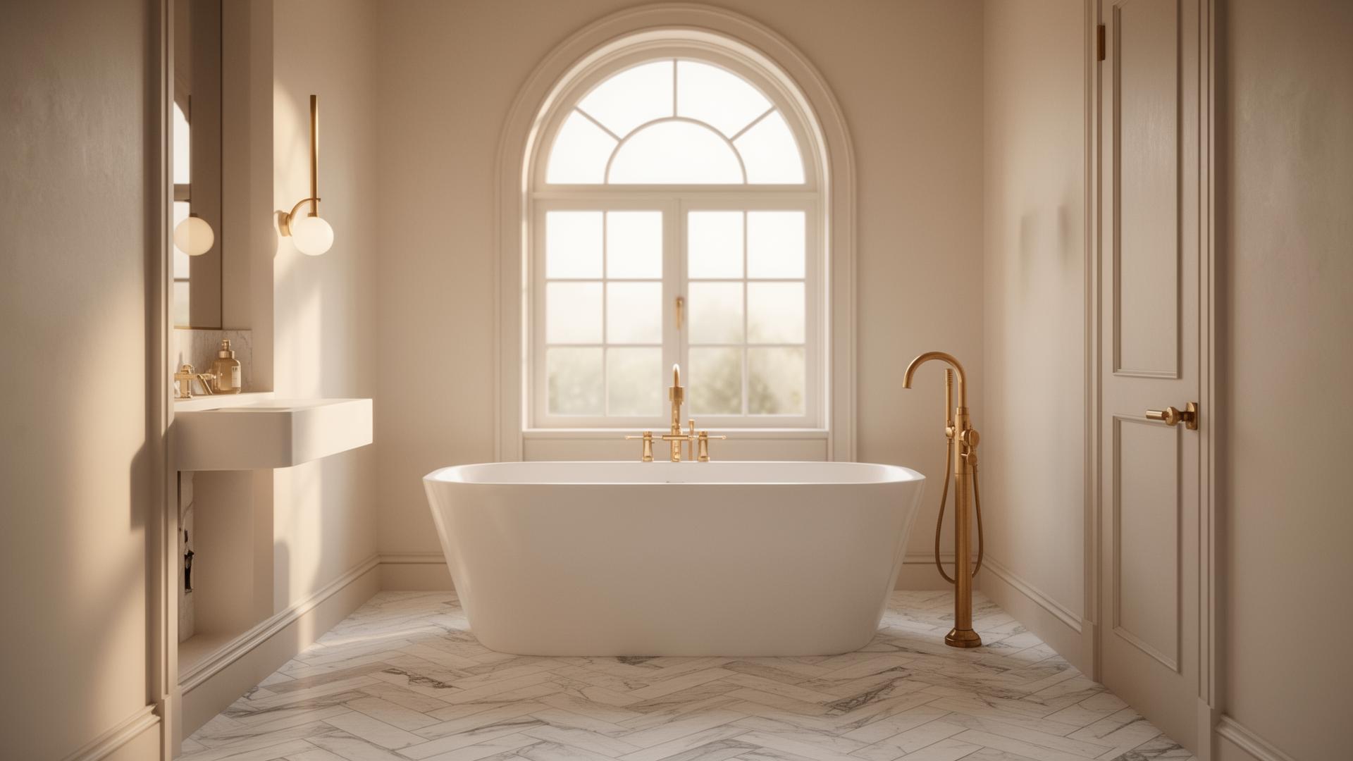 Renovated bathroom with marble herringbone floor and freestanding tub
